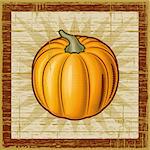 Retro pumpkin on wooden background. Vector illustration in woodcut style.