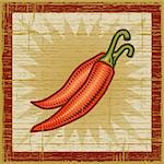 Retro chili peppers on wooden background. Vector illustration in woodcut style.