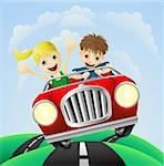 Young man and woman having fun driving their car on a road trip.