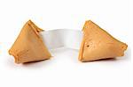 Photo of an isolated broken fortune cookie on a white background.