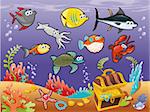 Family of funny fish under the sea. Vector illustration.