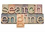 search engine - internet concept - isolated text in vintage wood letterpress printing blocks, stained by color inks