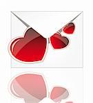 Vector envelope for valentine´s day with red hearts and glossy elements isolated over white background