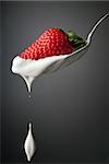 Dripping cream in air from a silver spoon isolated on gray