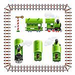 green vintage locomotive with coach set vector illustration isolated on white background