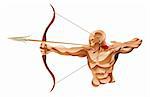 An illustration of a strong muscular archer with a bow and arrow