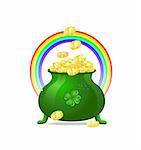 Green cauldron icon with gold coins and rainbow isolated on white background. Vector illustration on patrick's day