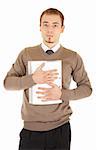 Young well-dressed man in formalwear is holding a white file with documents. Isolated on white background.