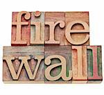 firewall - computer and internet security concept - isolated text in vintage wood letterpress printing blocks, stained by color inks