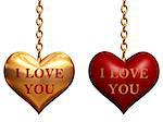 two golden and red 3d hearts with chains with text - I love you, isolated