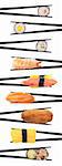 Set of 9 pieces of sushi being held with black chopsticks making a row isolated on white.