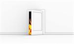 Open door in a white room with fire outside