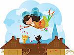 Cute cartoon love fairy with hearts and cats