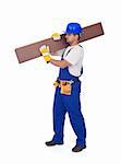 Handyman or worker carrying wooden laminate flooring - isolated with a bit of shadow