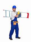 Handyman or worker carrying metallic ladder - isolated