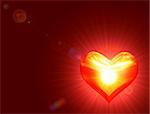 shining golden heart with rays of light over red background