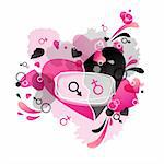 Festive Valentine black, pink background with heart pattern and Venus and Mars symbols.