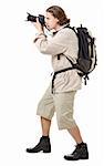 young man - tourist with backpack on a white background