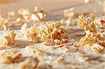 Wooden shavings on the workbench in natural light