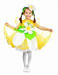 Little girl in camomile costume on white background