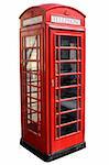 Classic red British telephone box, isolated on a white background.