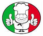 Cartoon smiling chef showing thumbs up on italian flag background. Separate layers