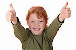 Portrait of a young girl with thumbs up on white background