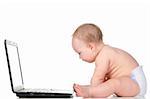 little baby is working on laptop, isolated on white background