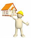 Builder - puppet, holding in hands house. Isolated over white