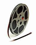 An isolated shot of a 16mm movie reel for projection playing at theaters.