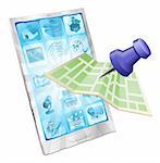 A road or city map flying out of a mobile phone. Concept or icon for map app or internet website with maps or other GPS related.