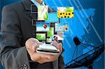 businessman hand holding streaming images virtual buttons and satellite dish antennas