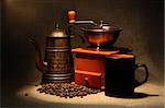 Nice vintage manual coffee grinder and coffeepot near beans on canvas background