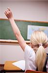 back view of a schoolgirl raising her hand in a classroom