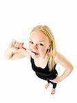 Young woman brushing teeths isolated on white background