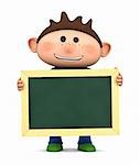 cute boy holding a blank chalkboard - high quality 3d illustration