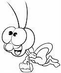 Flying Bug - Black and White Cartoon Illustration, Vector