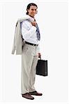 Portrait of a happy office worker holding his jacket over his shoulder and a briefcase against a white background
