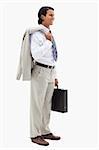 Portrait of a smiling office worker holding his jacket over his shoulder and a briefcase against a white background