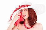 Crying retro stylish young woman in hat on white background