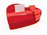 Deep red gift box of heart shape with blank greeting card. Decorated with gold stripes and red bow. 3d render