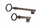 two  old rusty keys on white background