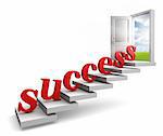 success red 3d letters up stairs to door with view to field and sky on white background