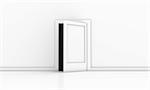 Open door in a white room with dark outside