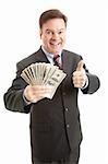 Rich businessman holding a wad of cash and giving thumbs up sign.  Isolated on white.