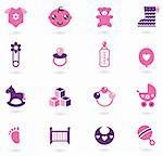 Icons cloth and accessories set for baby girl. Vector Illustration