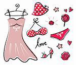 Vector doodle set of red fashion accessories or items for woman.