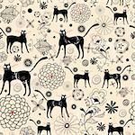 Seamless floral pattern with black cats and fish on a light background