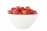 front view of full bowl with ripe raspberry on white background