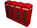 Four telephone boxes in a row on a white background